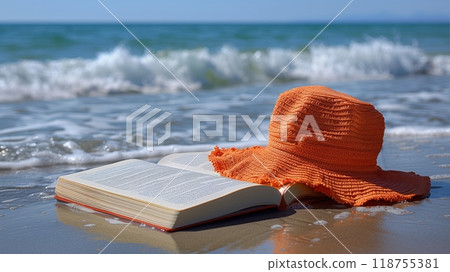A Relaxing Day at the Beach With a Book and a Sun Hat Enjoying the Ocean Waves 118755381