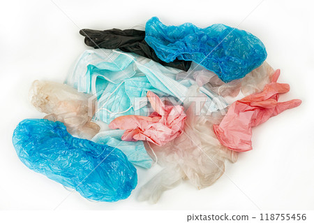 used latex gloves, medical protective masks and shoe covers. The problem of ecology used latex gloves, medical protective masks and shoe covers. The problem of ecology 118755456
