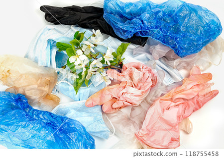 used gloves, medical masks and shoe covers. protection against coronavirus 118755458