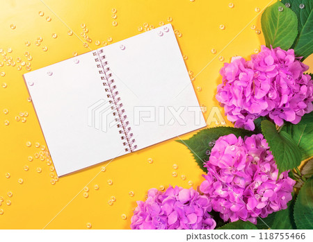 beautiful hydrangea flowers. Trendy fashion Style. Spring Summer Floral concept. Creative Minimal. Pink Blossom, Bright Color. Art 118755466