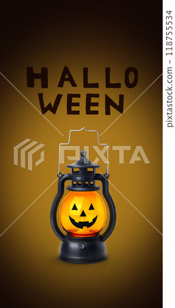 Halloween autumn concept. Minimal vertical banner poster with pumpkin lantern and inscription Halloween . Black Background 118755534