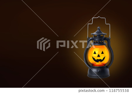 Halloween autumn concept. Minimal banner poster with pumpkin lantern and copy space . Black Background Halloween autumn concept. Minimal banner poster with pumpkin lantern and copy space . Black Background 118755538