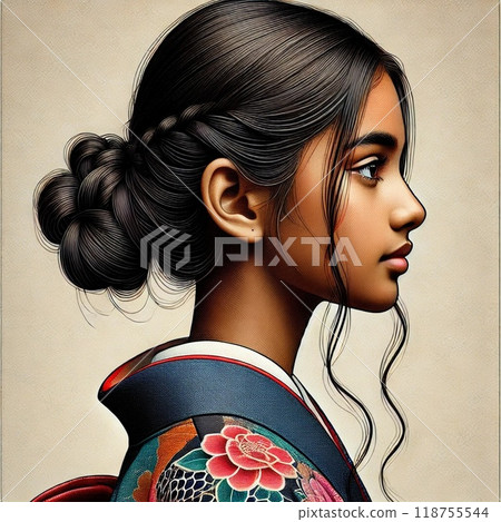 Profile of an Indian high school girl wearing a kimono Profile of an Indian high school girl wearing a kimono 118755544