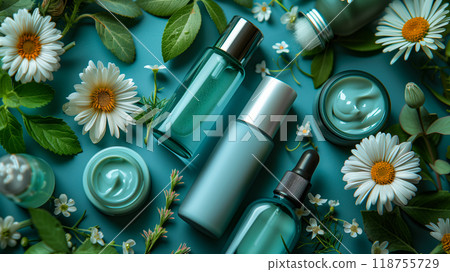 Natural Skincare Products Arranged With Flowers and Leaves on a Turquoise Background Natural Skincare Products Arranged With Flowers and Leaves on a Turquoise Background 118755729