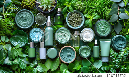 Display of Various Green Skincare Products Surrounded by Lush Greenery at a Wellness Studio Display of Various Green Skincare Products Surrounded by Lush Greenery at a Wellness Studio 118755732