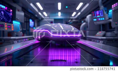 Futuristic Transport Pod on a Sleek Track in a High-Tech Facility During Night Hours 118755741
