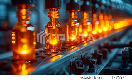 Bottles of Orange Liquid Moving Along a Conveyor Belt in a Production Facility at Dusk 118755743
