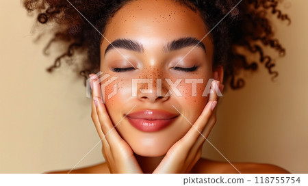 Young Woman With Curly Hair Gently Enjoying a Skincare Routine in a Cozy Indoor Setting 118755754