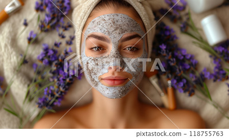 Woman Applying a Skincare Mask Surrounded by Lavender and Beauty Tools in a Serene Setting 118755763