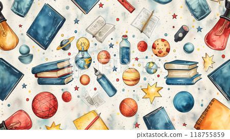 Colorful Collage of Books, Planets, and Science Tools on a Whimsical Background 118755859