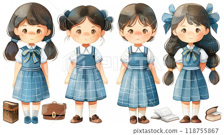 Four Illustrated Schoolgirls in Blue Outfits Showcasing Different Hairstyles and Accessories Four Illustrated Schoolgirls in Blue Outfits Showcasing Different Hairstyles and Accessories 118755867