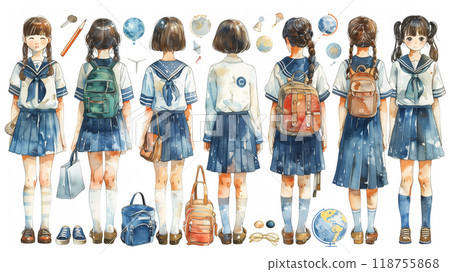 Schoolgirls With Various Backpacks in Uniforms Exploring Geography Concepts Outdoors 118755868