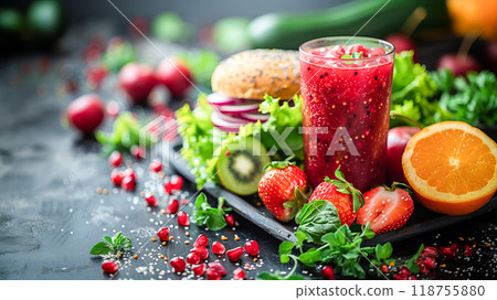 Colorful Healthy Meal With Fresh Salad, Fruits, and a Vibrant Beverage on a Dark Wooden Table Colorful Healthy Meal With Fresh Salad, Fruits, and a Vibrant Beverage on a Dark Wooden Table 118755880
