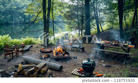 A Cozy Campsite by the Lake With a Roaring Fire and Picnic Setup During a Summer Evening 118755920