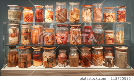 Display of Preserved Natural Specimens in Jars at a Museum Exhibition on Biology and Ecology 118755925