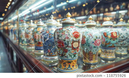 Intricately Designed Ceramic Vases Displayed in a Glass Cabinet at an Art Exhibition Intricately Designed Ceramic Vases Displayed in a Glass Cabinet at an Art Exhibition 118755926
