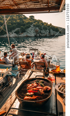 Fresh Seafood Grilling Aboard a Boat in a Serene Coastal Setting During Sunset Fresh Seafood Grilling Aboard a Boat in a Serene Coastal Setting During Sunset 118755930
