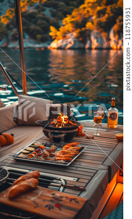 Enjoying a Barbecue With Friends on a Boat at Sunset Near a Tranquil Bay 118755931