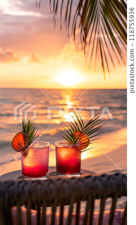 Sunset Cocktails on the Beach With Vibrant Colors and Tropical Garnishes in the Evening Sky 118755936