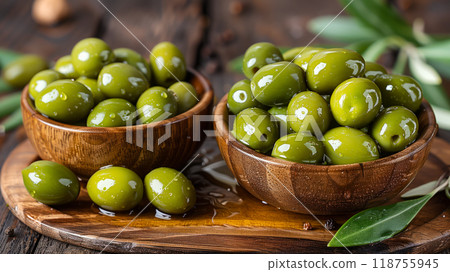 Fresh Green Olives in Wooden Bowls With Olive Leaves on a Rustic Wooden Table 118755945