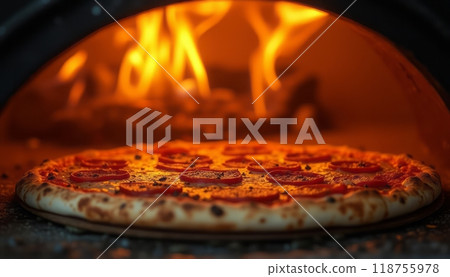 A hot pepperoni pizza baking in a wood-fired oven with visible flames, evoking a sense of fresh, delicious comfort food. The image conveys warmth, cooking, and Italian cuisine. 118755978