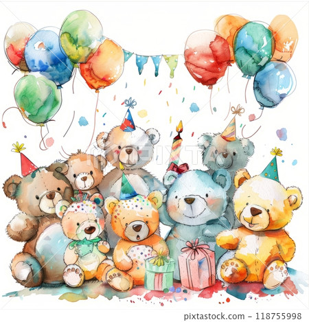 Cute Teddy Bears Celebrate a Birthday Party With Colorful Balloons and Cake. Generative AI 118755998