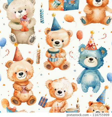 Cute Teddy Bears Celebrating With Balloons and Birthday Cakes in Bright Colors. Generative AI 118755999