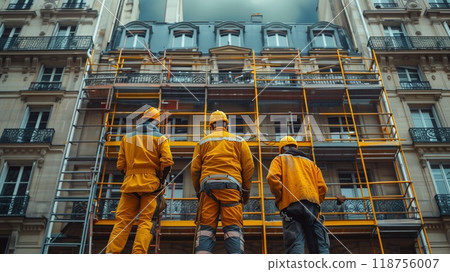 Workers Restoring the Facade of an Old Building in an Urban Area During Daylight Hours Workers Restoring the Facade of an Old Building in an Urban Area During Daylight Hours 118756007