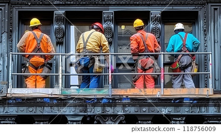 Workers Engaged in Repairing the Facade of a Historic Building in an Urban Area 118756009