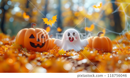 Spooky Halloween Decorations Featuring Ghost, Pumpkins, Bats, and Spider Webs in Autumn Colors. Generative AI Spooky Halloween Decorations Featuring Ghost, Pumpkins, Bats, and Spider Webs in Autumn Colors. Generative AI 118756046