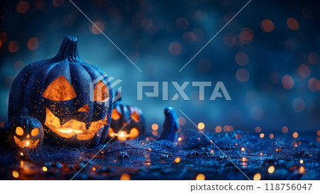 A Spooky Carved Pumpkin Glowing in a Festive Autumn Street During a Rainy Halloween Night. A Spooky Carved Pumpkin Glowing in a Festive Autumn Street During a Rainy Halloween Night. 118756047
