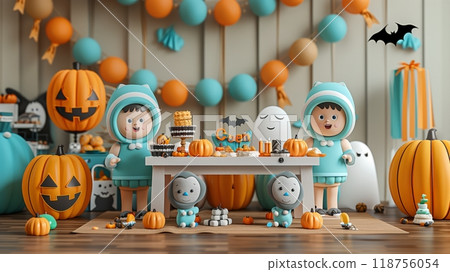 Kids Celebrate Halloween With Decorations, Pumpkins, and Treats in a Festive Setting. Generative AI Kids Celebrate Halloween With Decorations, Pumpkins, and Treats in a Festive Setting. Generative AI 118756054
