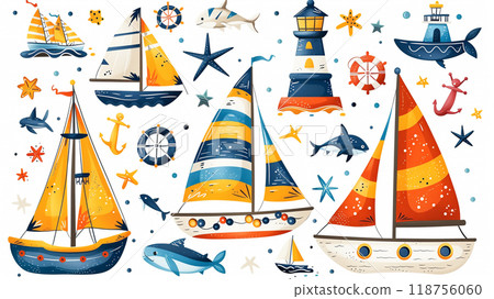 Colorful Nautical-Themed Illustrations Featuring Boats, Lighthouses, and Marine Life Colorful Nautical-Themed Illustrations Featuring Boats, Lighthouses, and Marine Life 118756060