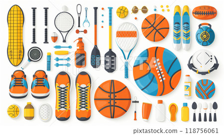 A Colorful Arrangement of Sports Equipment Featuring Basketballs, Rackets, and Athletic Shoes A Colorful Arrangement of Sports Equipment Featuring Basketballs, Rackets, and Athletic Shoes 118756061