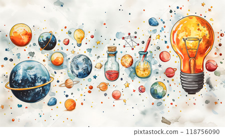 Colorful Watercolor Artwork Depicting Planets, Stars, and Science Elements on a Cosmic Background Colorful Watercolor Artwork Depicting Planets, Stars, and Science Elements on a Cosmic Background 118756090