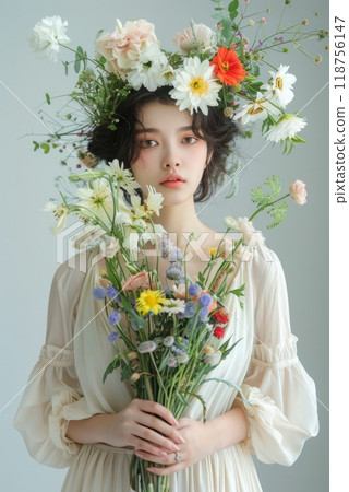 Young Woman in White Dress Holds a Bouquet of Flowers With Floral Crown Indoors. Generative AI 118756147