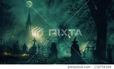 Mysterious Figures Gather in a Moonlit Graveyard Near an Old Church at Night. Generative AI. Halloween. 118756166