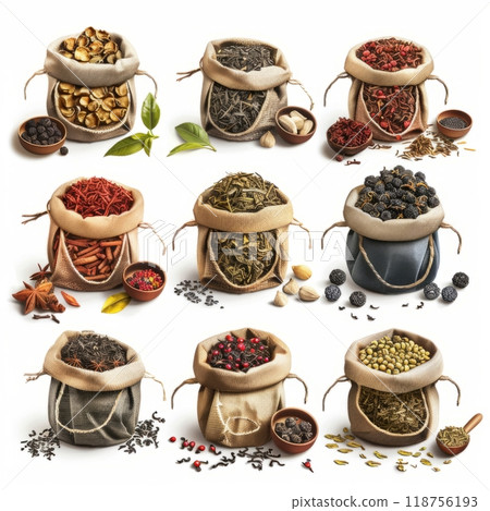 Colorful Collection of Herbal Ingredients Displayed in Bags and Bowls. Generative AI 118756193