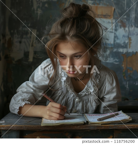 Young Girl Studying Diligently at an Old Desk in a Rustic, Worn Interior. Generative AI 118756200