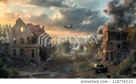 Destruction in a War-Torn Landscape With Damaged Buildings and a Low-Flying Aircraft. Generative AI 118756223