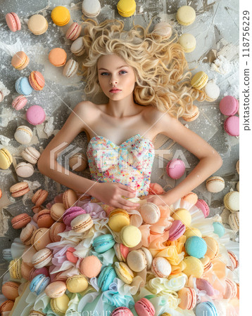 A Beautiful Model Surrounded by Pastel-Colored Macarons in a Whimsical Dress. Generative AI 118756229