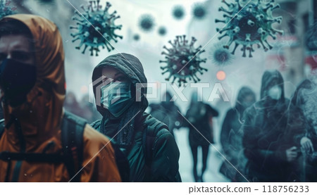 People Walking on a City Street Wearing Masks During a Pandemic in Gloomy Weather. Generative AI 118756233
