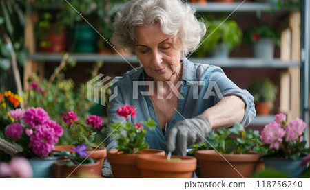 Elderly Woman Tending to Vibrant Flowers in a Home Garden Potting Area. Generative AI 118756240