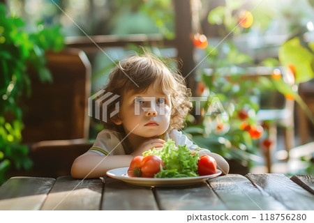 a sad child sitting at the table near a plate of vegetables. bright beautiful mood photo. Healthy Eating. 118756280