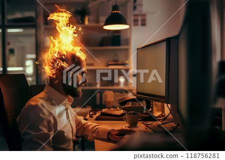 burnout at work. head is burning from work, generated by AI burnout at work. head is burning from work, generated by AI 118756281