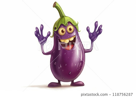 Cartoon Eggplant Character Smiling With Outstretched Arms on a White Background. Generative AI 118756287
