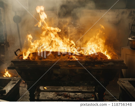 Traditional Cremation Ceremony With Flames Consuming a Wooden Casket at Dusk. Generative AI 118756348