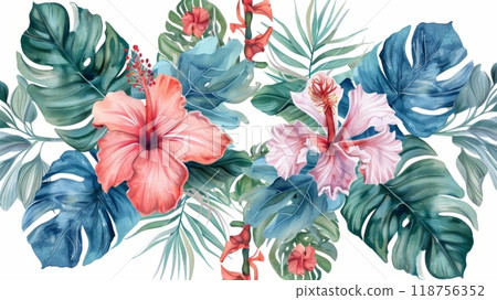 Vibrant Tropical Flowers and Lush Greenery Create a Colorful Pattern Design. Generative AI 118756352