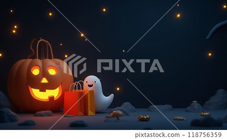 A carved pumpkin with a glowing smile and a white ghost decoration placed near a small gift bag, set against a dark background with soft stars. The image reflects Halloween celebration. 118756359