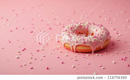 A single pink-frosted donut topped with colorful sprinkles sits on a pink background, representing sweetness and indulgence. The image is bright and playful. 118756360